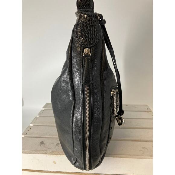 BRIGHTON LARGE BLACK LEATHER, ANIMAL PRINT TRIM SHOULDER BAG - Picture 3 of 16